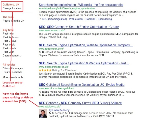 Search on SEO location is Guildford screenshot