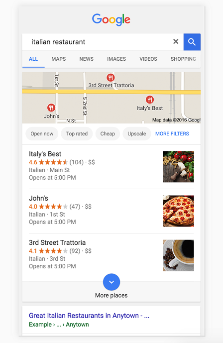 Local business search results in Google