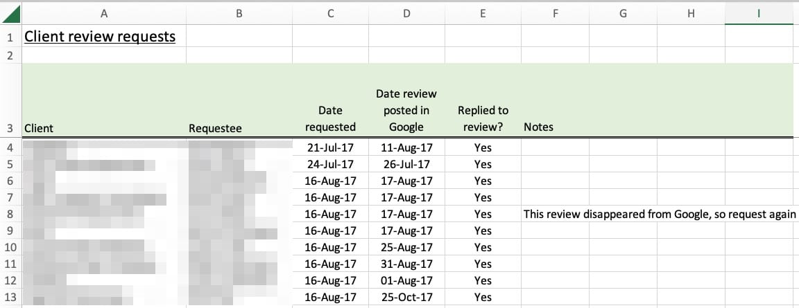 Client review request Excel template